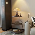 Modern Two Tier Metal Side Table With Table Lamp Woven Basket And Sofa In Cozy Room