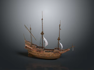 Detailed Vintage Wooden Sailboat Model With Multiple Masts And White Sails 3d model