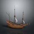 Detailed Vintage Wooden Sailboat Model With Multiple Masts And White Sails