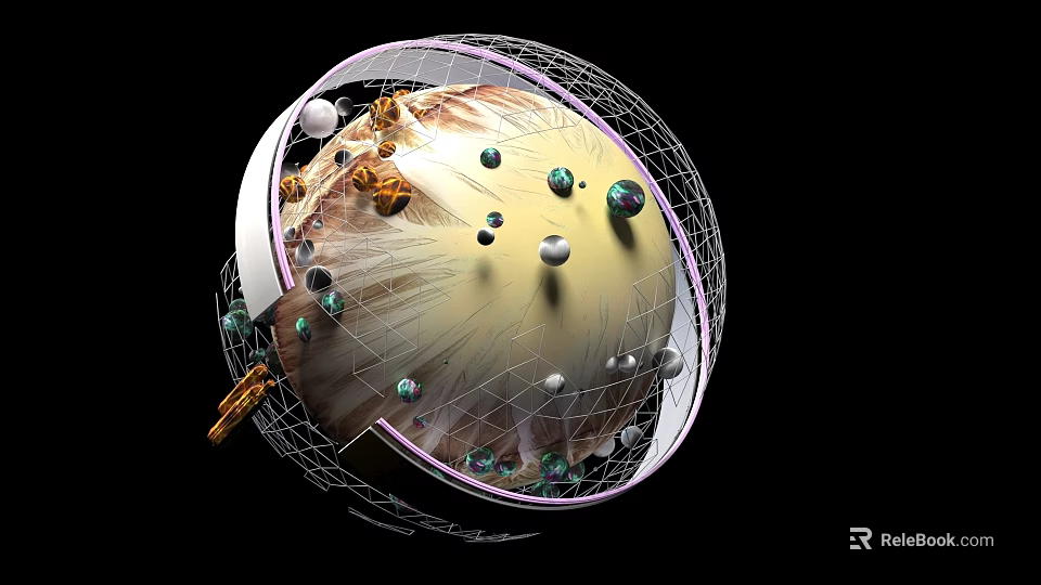 Spherical Art Installation Featuring Metal Framework Colorful Spheres And Interior Textures 3d model 
