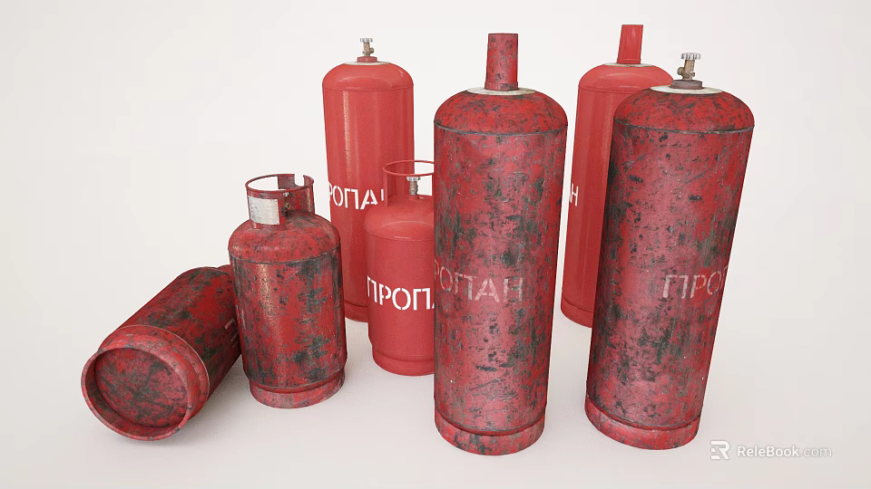 Multiple Red Propane Cylinders As Essential Household Items With Rustic Finish And Sizes 3d model