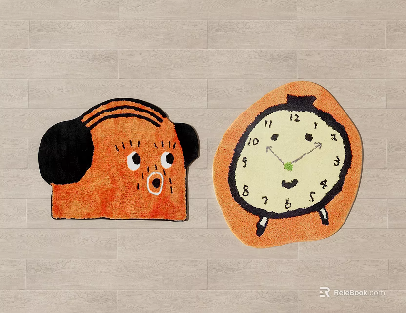 Adorable Shaped Carpets with Cartoon Head and Clock Shapes Featuring Smiling Faces Numbers and Pointers 3d model