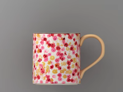 Stylish Mug With Pink And Yellow Circular Patterns And Beige Handle Design 3d model