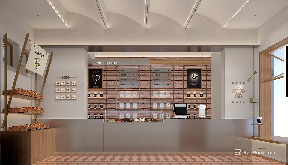Modern Café Interior With Brick Wall Menu Board Metal Counter And Baked Goods 3d model 