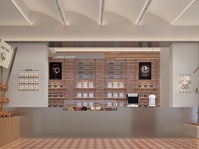 Modern Café Interior With Brick Wall Menu Board Metal Counter And Baked Goods 3d model