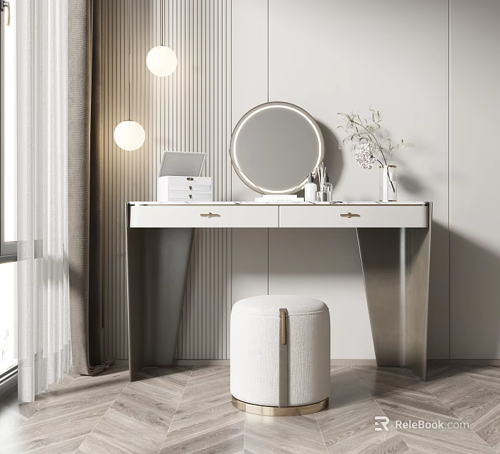 Elegant Modern Dressing Table with Round Mirror White Countertop Metal Frame and Stool 3d model 