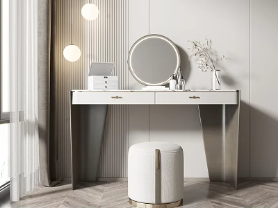 Elegant Modern Dressing Table with Round Mirror White Countertop Metal Frame and Stool 3d model