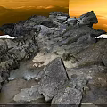 Rugged Natural Rocky Landscape With Flowing Stream And Wet Stone Path