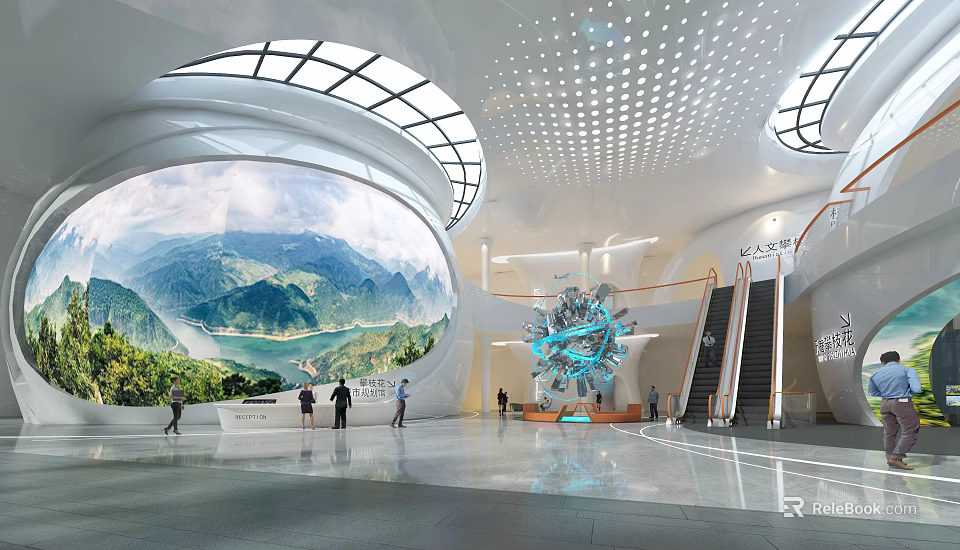 Modern Hotel Lobby Featuring Large Landscape Mural Glass Dome Escalators And Art Installation 3d model 