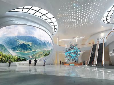 Modern Hotel Lobby Featuring Large Landscape Mural Glass Dome Escalators And Art Installation 3d model