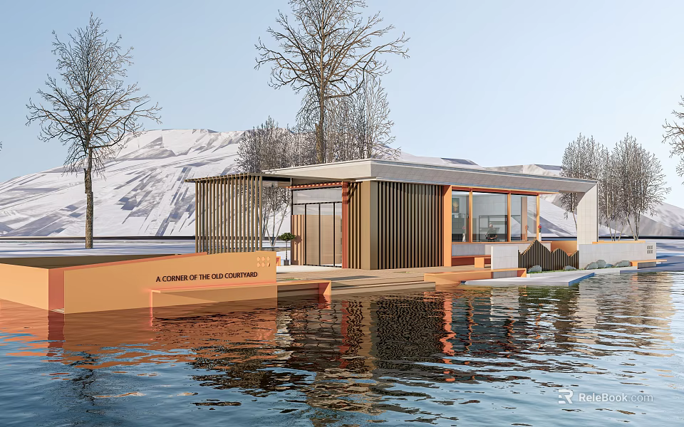 Modern Floating Visitor Center On Waterfront With Snowy Mountains And Trees 3d model 