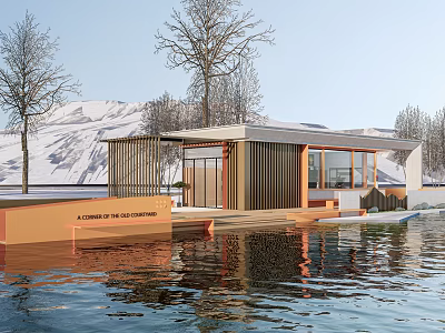 Modern Floating Visitor Center On Waterfront With Snowy Mountains And Trees 3d model