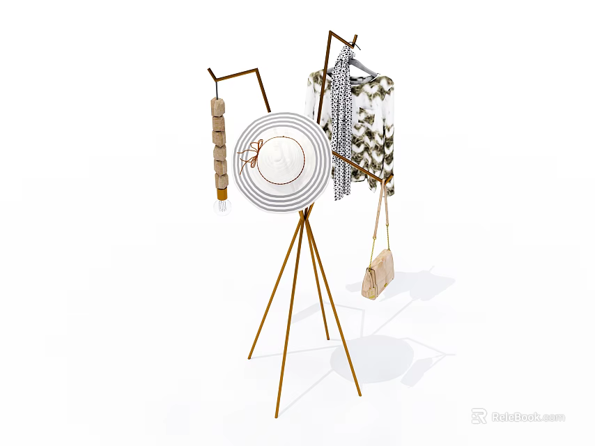Modern Golden Tripod Clothing Rack with Hanging Clothes Hat and Handbag 3d model 