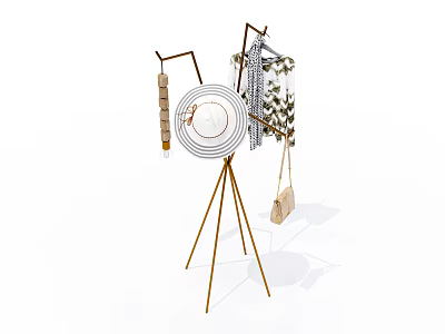 Modern Golden Tripod Clothing Rack with Hanging Clothes Hat and Handbag 3d model