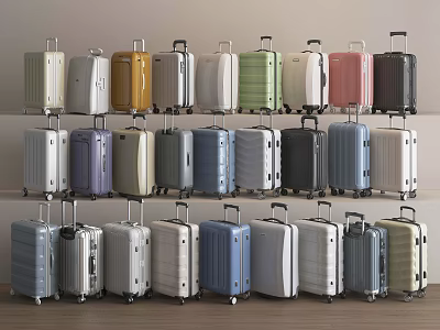 Suitcases With Various Colors And Different Styles Neatly Arranged On Multiple Shelves 3d model