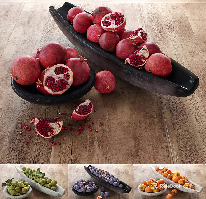 Fresh Ripe Pomegranates With Sliced Sections And Arils In Black Bowls On Wooden Table 3d model 
