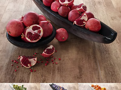 Fresh Ripe Pomegranates With Sliced Sections And Arils In Black Bowls On Wooden Table 3d model
