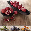 Fresh Ripe Pomegranates With Sliced Sections And Arils In Black Bowls On Wooden Table