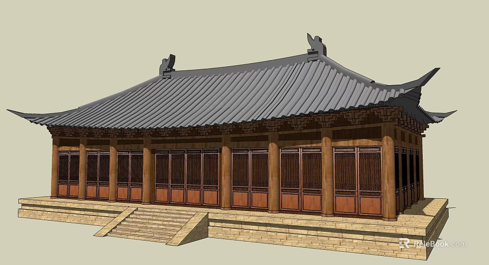 Traditional Ancient Chinese Architecture With Black Tiled Roof Overhanging Eaves Wooden Columns And Stone Steps 3d model 
