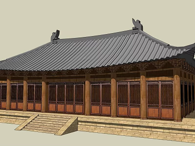 Traditional Ancient Chinese Architecture With Black Tiled Roof Overhanging Eaves Wooden Columns And Stone Steps 3d model