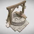 Cartoon Scene of Ancient Well With Wooden Frame Stone Structure Lantern and Bucket