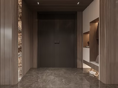 Modern Foyer Hallway With Wooden Walls And Marble Floor 3d model