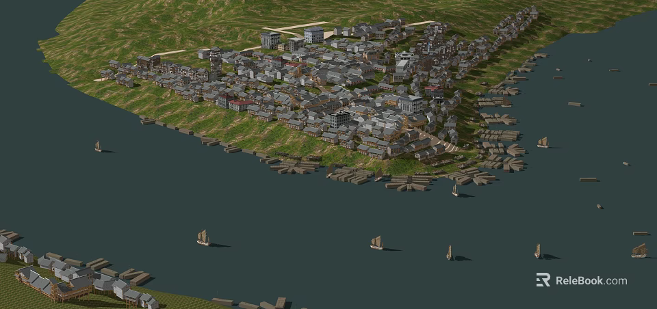 Scenic Waterfront Village Featuring Traditional Buildings Boats And Green River Landscape 3d model 