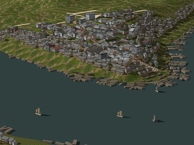 Scenic Waterfront Village Featuring Traditional Buildings Boats And Green River Landscape 3d model