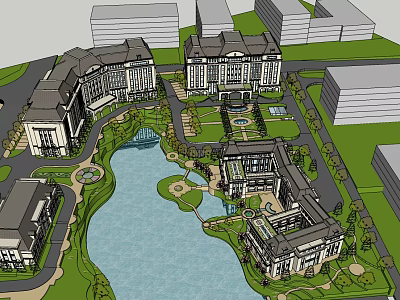 Elegant Hotel Building Complex with Central Water Feature and Landscaped Gardens 3d model
