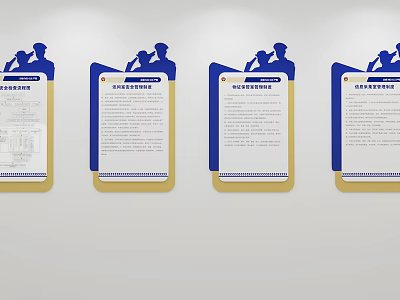 Professional Background Wall With Multiple Display Boards Blue Gold Borders Text Content And Silhouette Figures 3d model