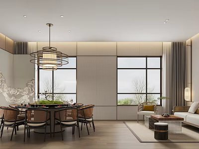 Elegant Box Interior Design With Dining Table Chairs Chandelier Windows And Sofa 3d model