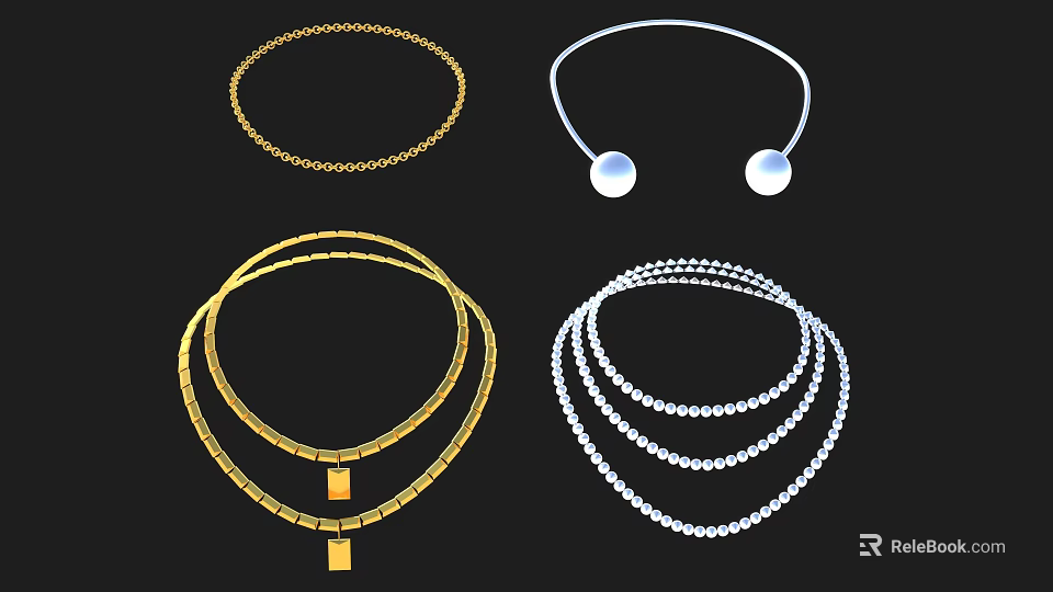 Gold And Silver Necklaces Collection With Layered Designs Round Pendants And Beads 3d model 