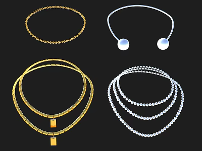 Gold And Silver Necklaces Collection With Layered Designs Round Pendants And Beads 3d model