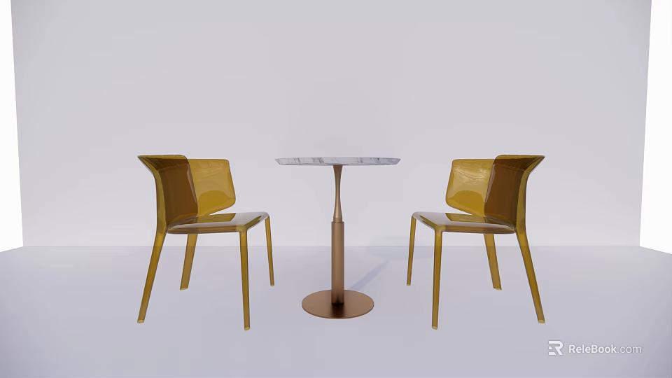 Modern Round Marble Top Table With Two Transparent Yellow Chairs Set 3d model