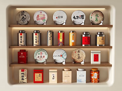 Traditional Tea Utensils Collection on Wooden Shelf with Various Tea Cans and Cakes 3d model