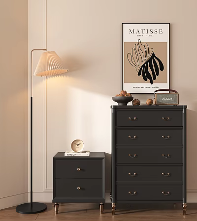 Modern Entryway Cabinet And Side Cabinet With Black Drawers Clock Wall Art And Floor Lamp 3d model