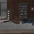 Modern Leisure Chairs With Wooden Metal Frames Beige Blue Upholstery Bookshelf And Floor Lamp