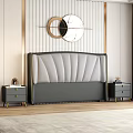 Elegant Double Bed with Grey Upholstered Fan Headboard White Vertical Striped Wall and Nightstands