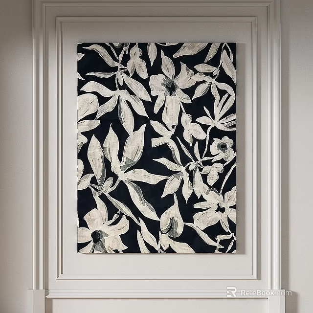 Modern Abstract Painting With Black White Floral Leaves Wall Art Decor 3d model 