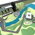 Natural Garden Landscape Design Featuring Hills River Pathways And Buildings