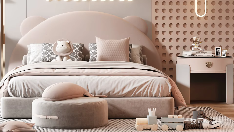 Adorable Kids Bed With Bear Ear Headboard Pastel Pillows Plush Lion Toy And Round Ottoman 3d model 