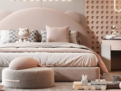 Adorable Kids Bed With Bear Ear Headboard Pastel Pillows Plush Lion Toy And Round Ottoman 3d model
