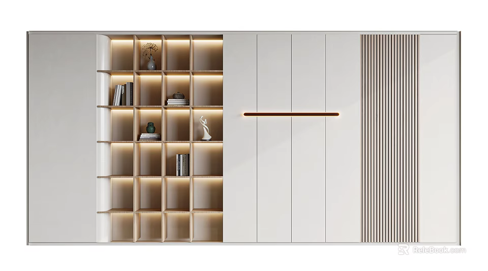 Modern Bookcase Interior Design with LED Lighting Open Shelves and Decorative Items 3d model