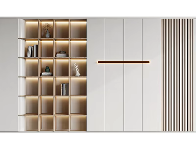 Modern Bookcase Interior Design with LED Lighting Open Shelves and Decorative Items 3d model