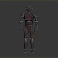 3D Rendered Robot Character With Red And Gray Metallic Armor Standing Upright And Glowing Eyes