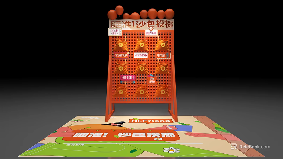 Orange Sandbag Toss Game Setup With 5 Yuan 12 Sandbags And Super Accurate Targets 3d model 