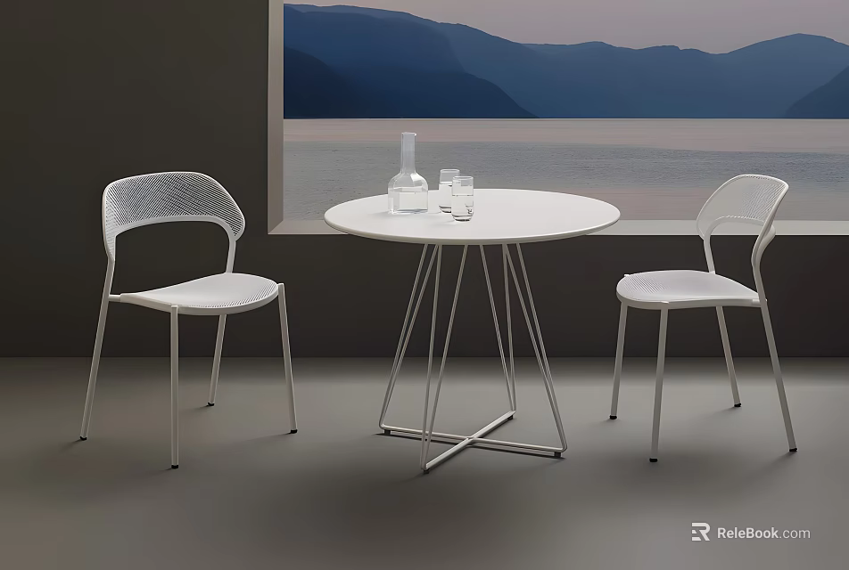Modern Café Interior With Round White Table White Chairs Glass Bottle And Mountain Lake Painting 3d model 