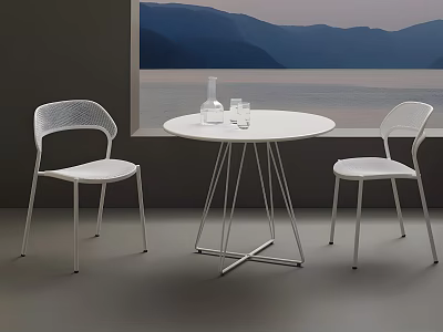 Modern Café Interior With Round White Table White Chairs Glass Bottle And Mountain Lake Painting 3d model
