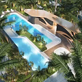 Luxury Residential Landscape with Swimming Pool Palm Trees Lounge Chairs and Ambient Lighting