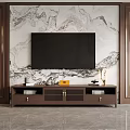Wooden TV Stand With Storage Drawers And Decorative Lamps Under Mounted TV On Marble Wall